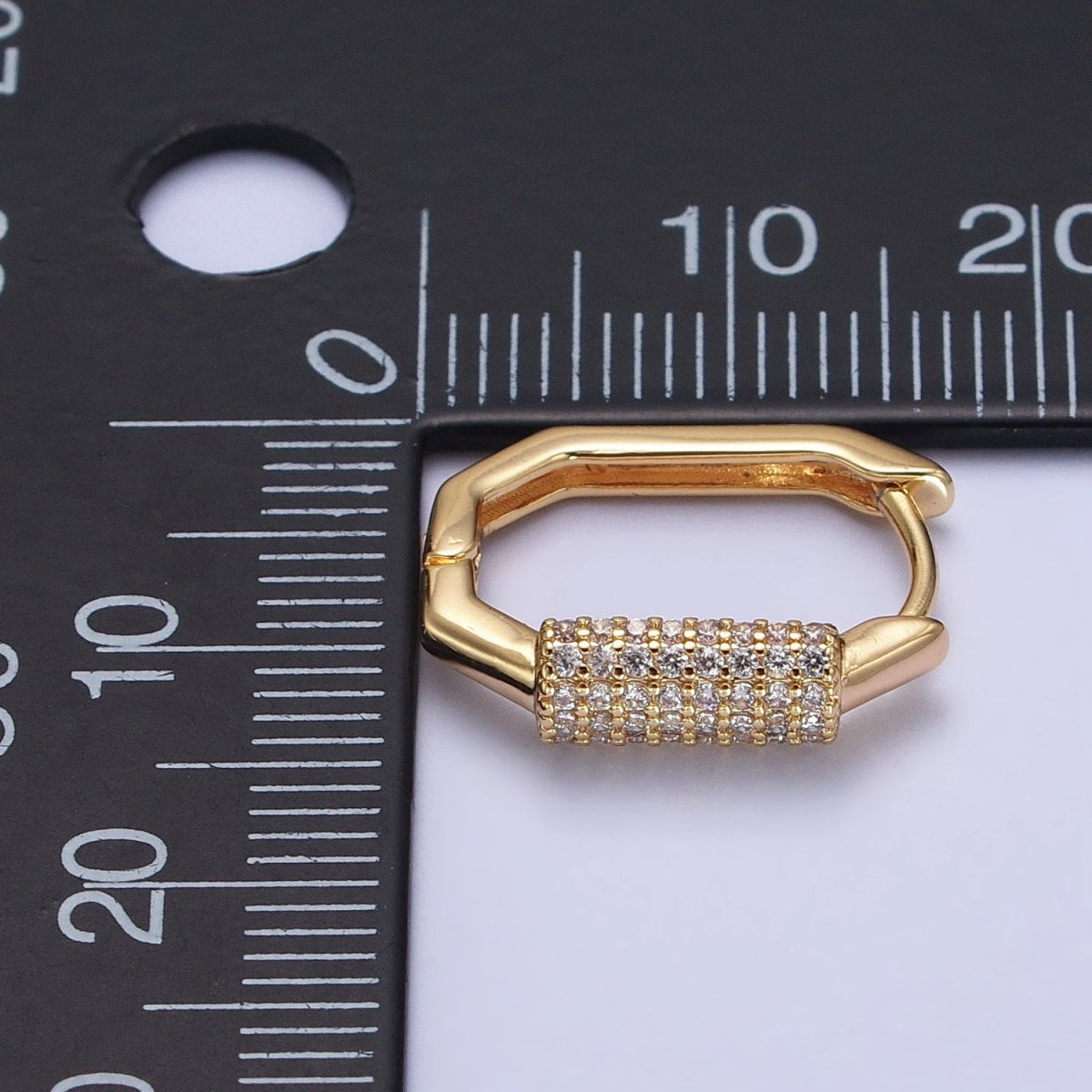 16K Gold plated Clear Micro Paved CZ Cylinder Hexagonal Hoop Earrings in Gold & Silver | AB395 AB396