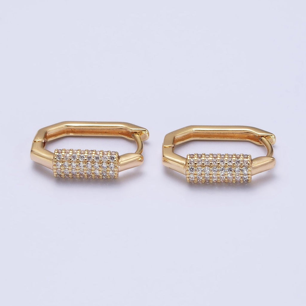 16K Gold plated Clear Micro Paved CZ Cylinder Hexagonal Hoop Earrings in Gold & Silver | AB395 AB396
