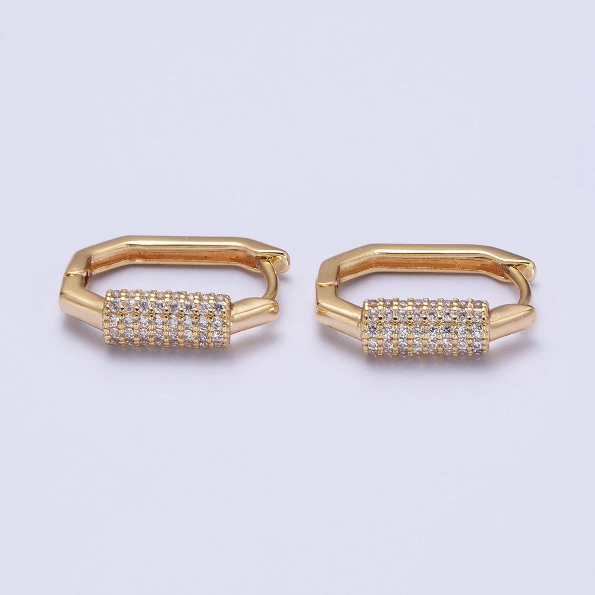 16K Gold plated Clear Micro Paved CZ Cylinder Hexagonal Hoop Earrings in Gold & Silver | AB395 AB396