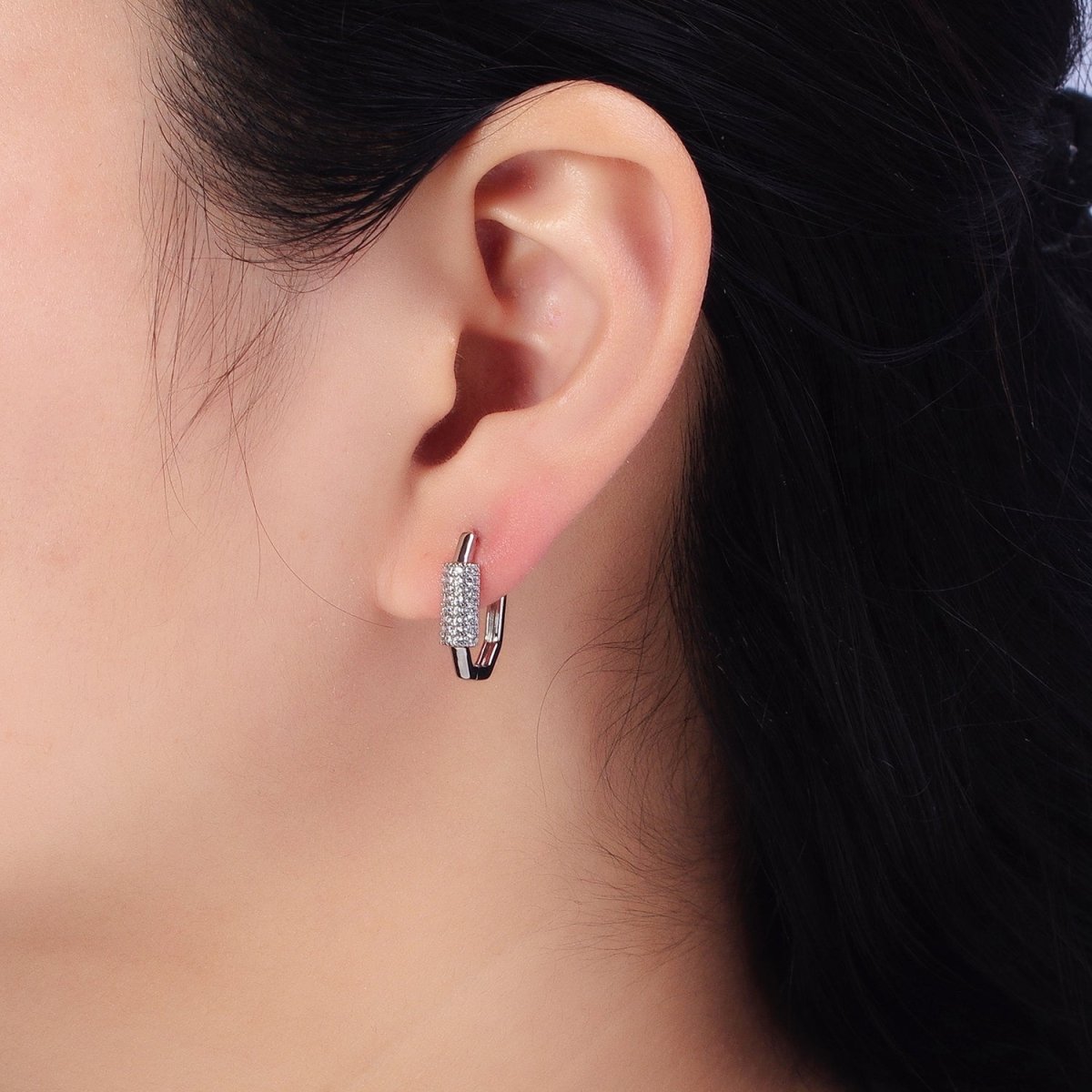 16K Gold plated Clear Micro Paved CZ Cylinder Hexagonal Hoop Earrings in Gold & Silver | AB395 AB396