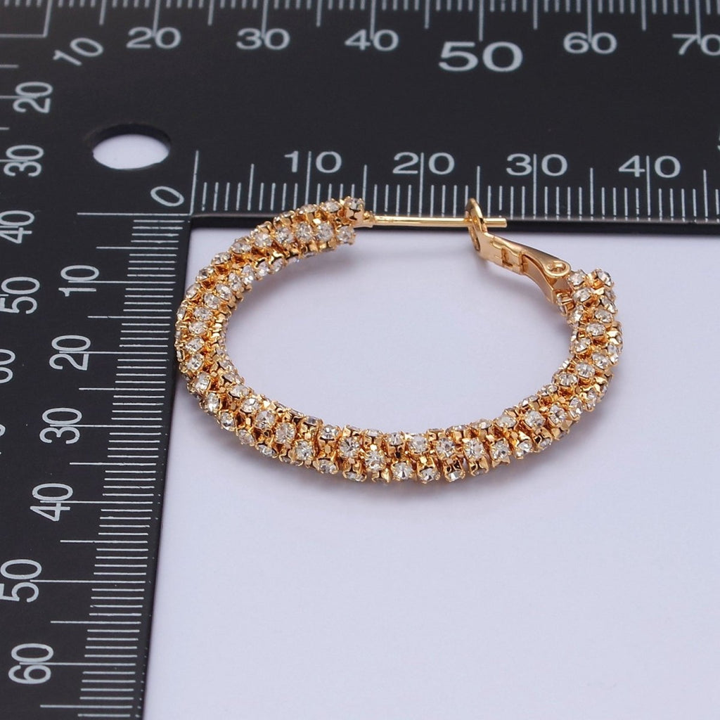 16K Gold plated Clear Micro Paved CZ Lined Latch Hoop Earrings | T-435 - DLUXCA
