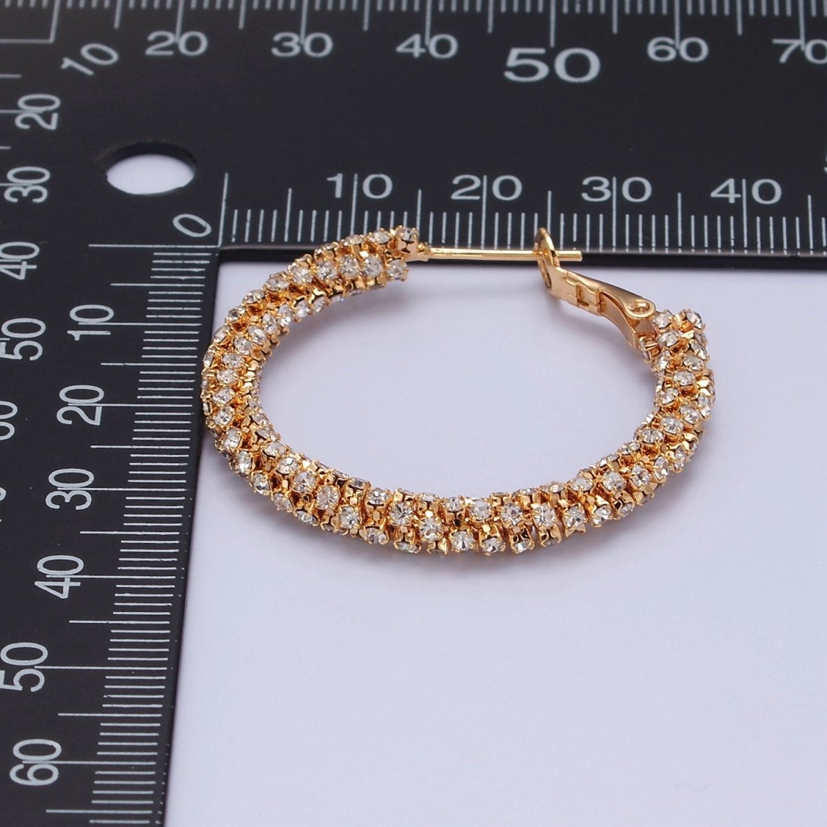 16K Gold plated Clear Micro Paved CZ Lined Latch Hoop Earrings | T-435 - DLUXCA
