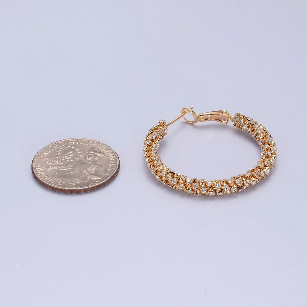 16K Gold plated Clear Micro Paved CZ Lined Latch Hoop Earrings | T-435 - DLUXCA