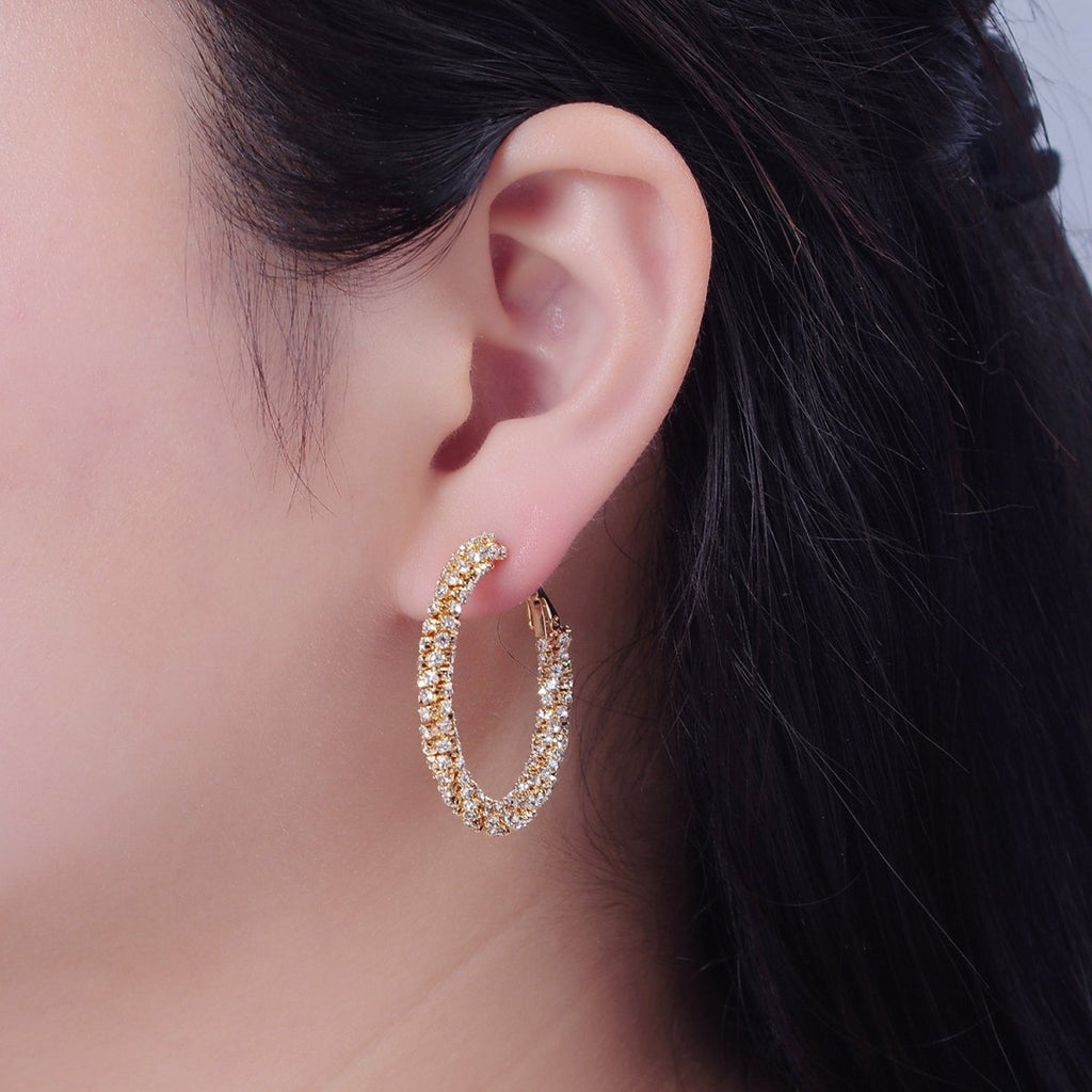 16K Gold plated Clear Micro Paved CZ Lined Latch Hoop Earrings | T-435 - DLUXCA