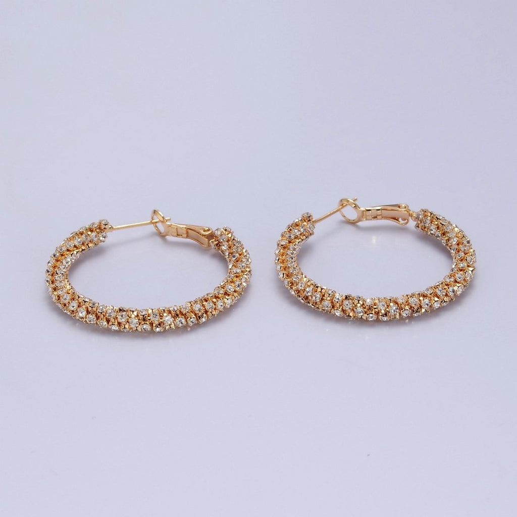 16K Gold plated Clear Micro Paved CZ Lined Latch Hoop Earrings | T-435 - DLUXCA