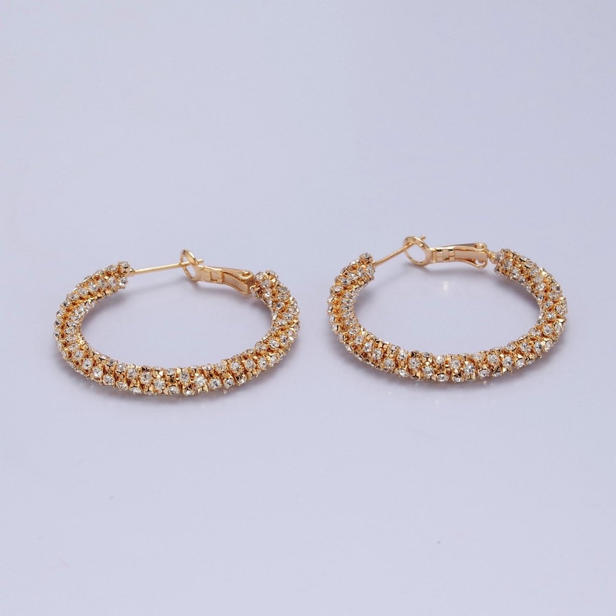 16K Gold plated Clear Micro Paved CZ Lined Latch Hoop Earrings | T-435 - DLUXCA
