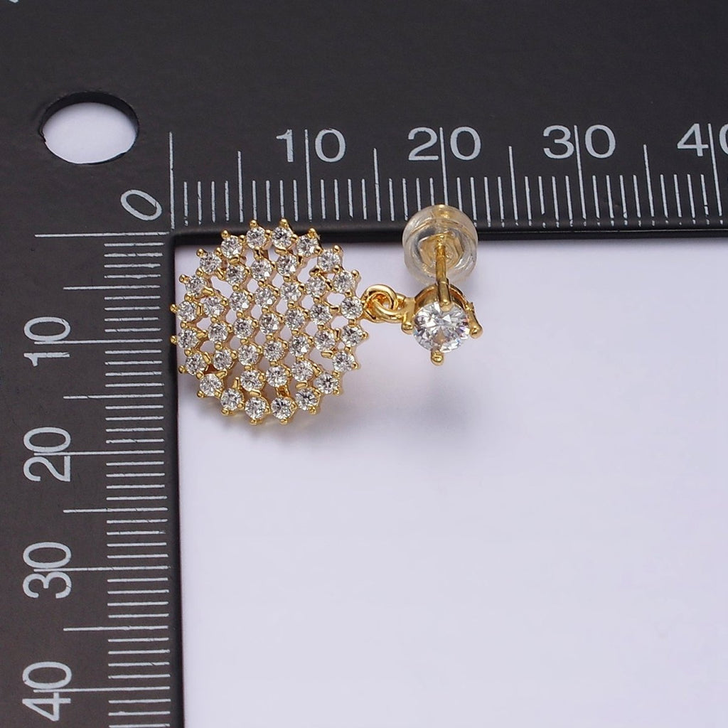 16K Gold plated Clear Micro Paved CZ Round Drop Stud Earrings | Y-873 - DLUXCA