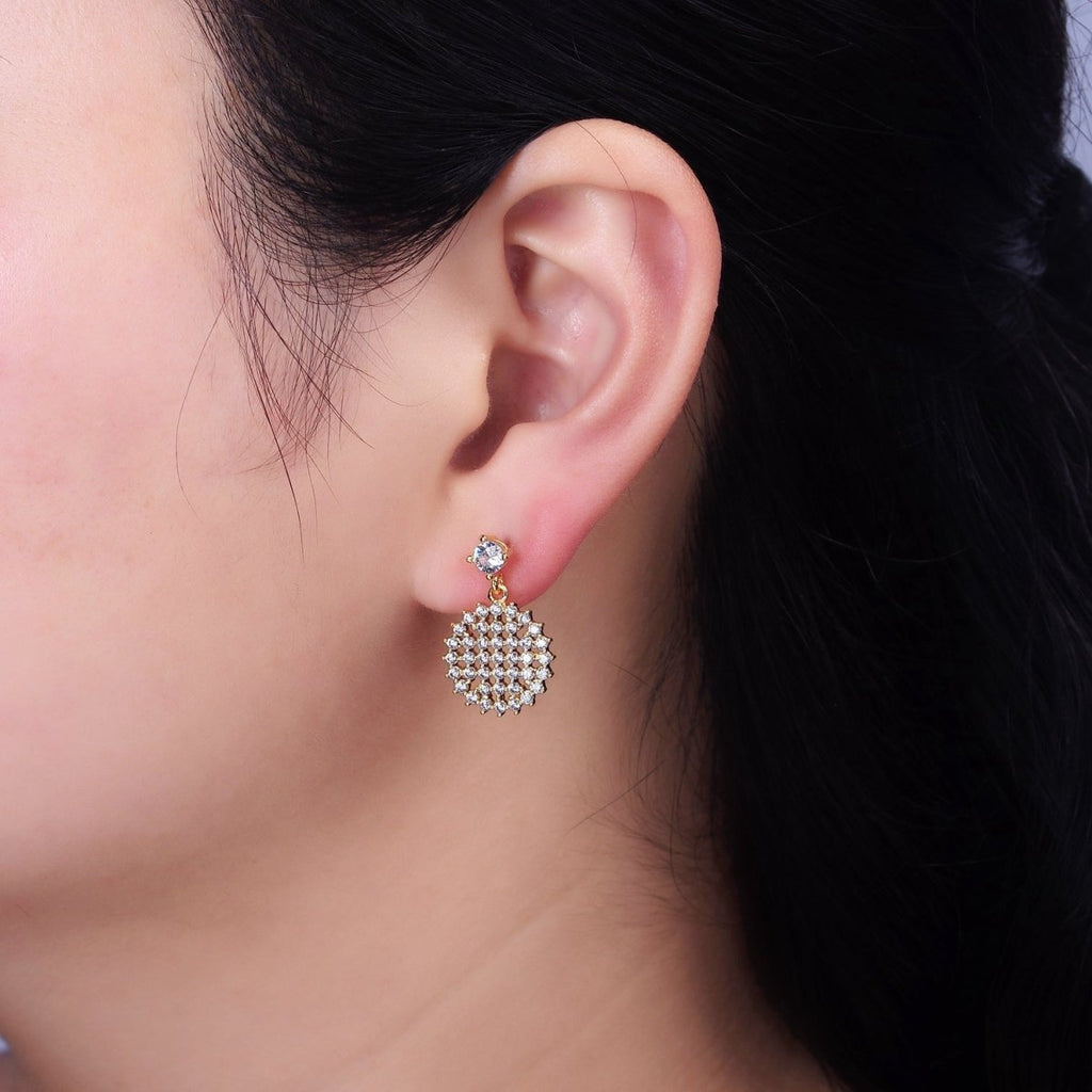 16K Gold plated Clear Micro Paved CZ Round Drop Stud Earrings | Y-873 - DLUXCA