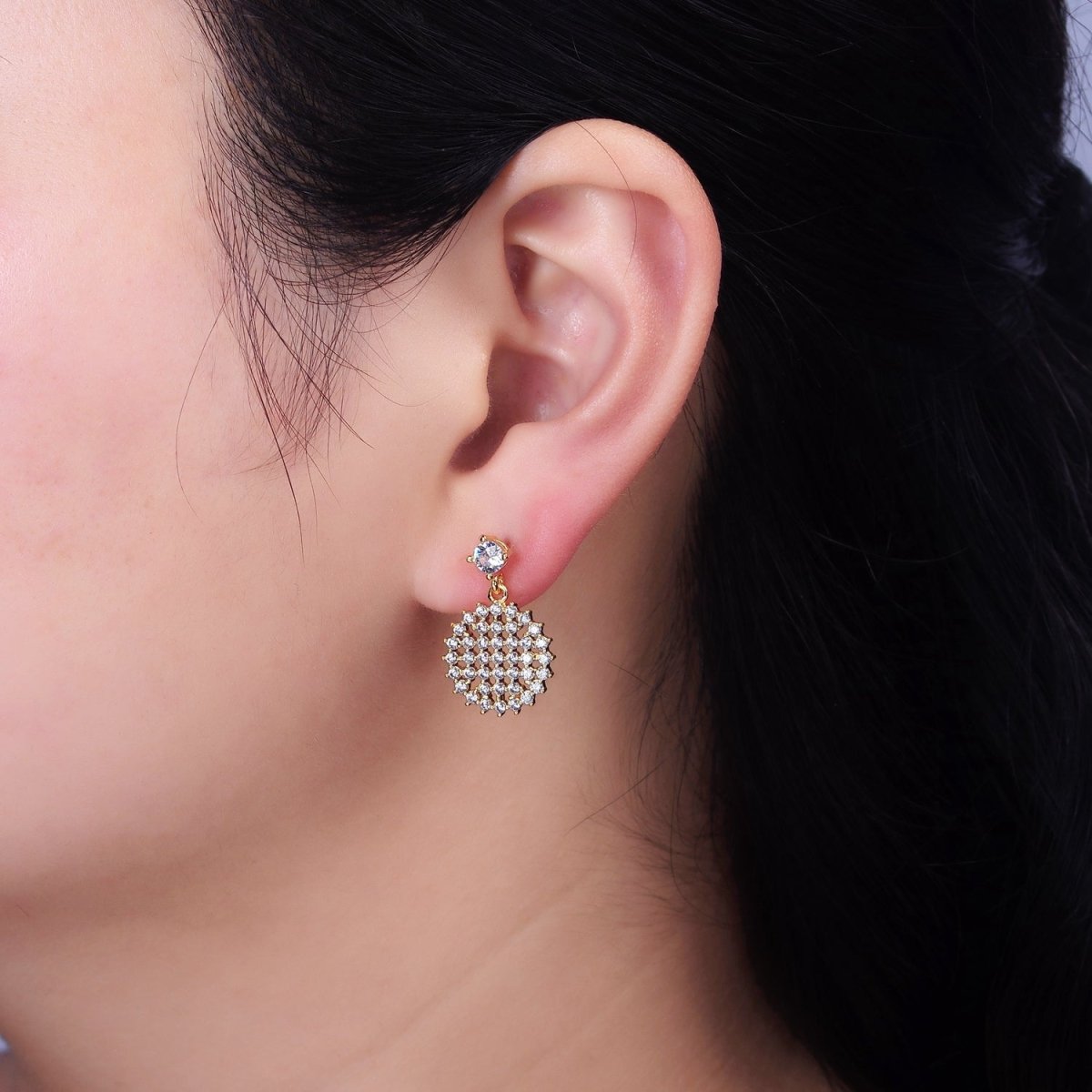 16K Gold plated Clear Micro Paved CZ Round Drop Stud Earrings | Y-873 - DLUXCA