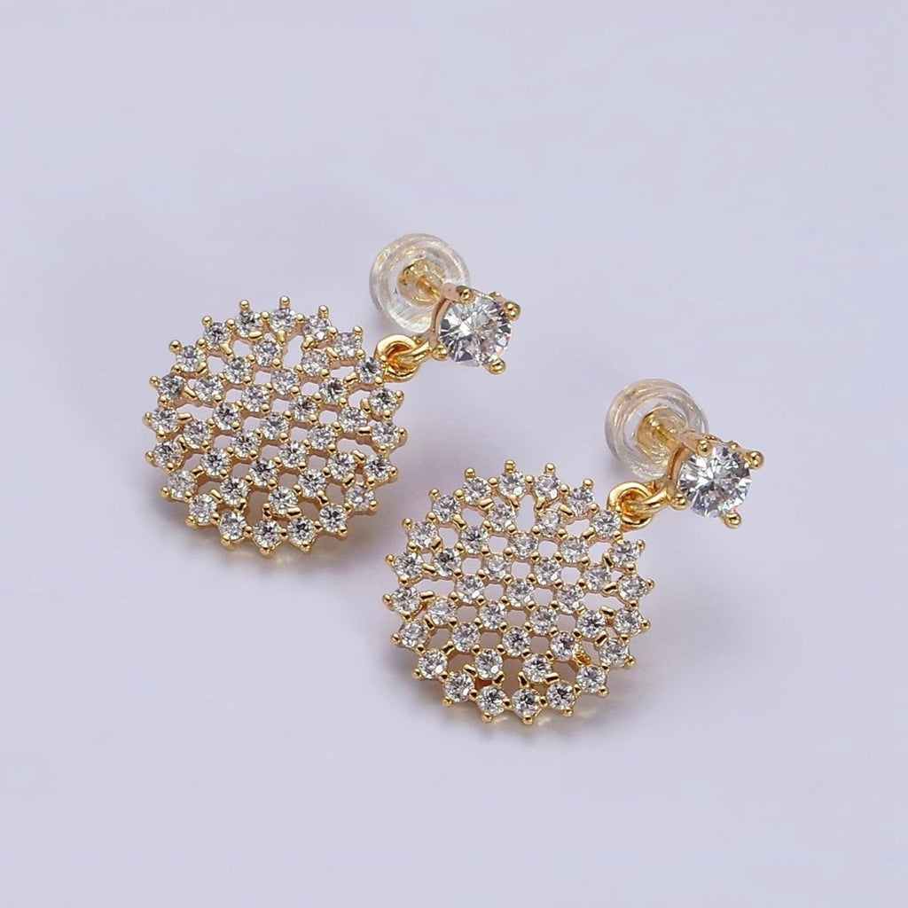 16K Gold plated Clear Micro Paved CZ Round Drop Stud Earrings | Y-873 - DLUXCA