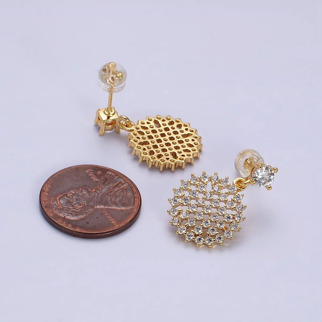 16K Gold plated Clear Micro Paved CZ Round Drop Stud Earrings | Y-873 - DLUXCA