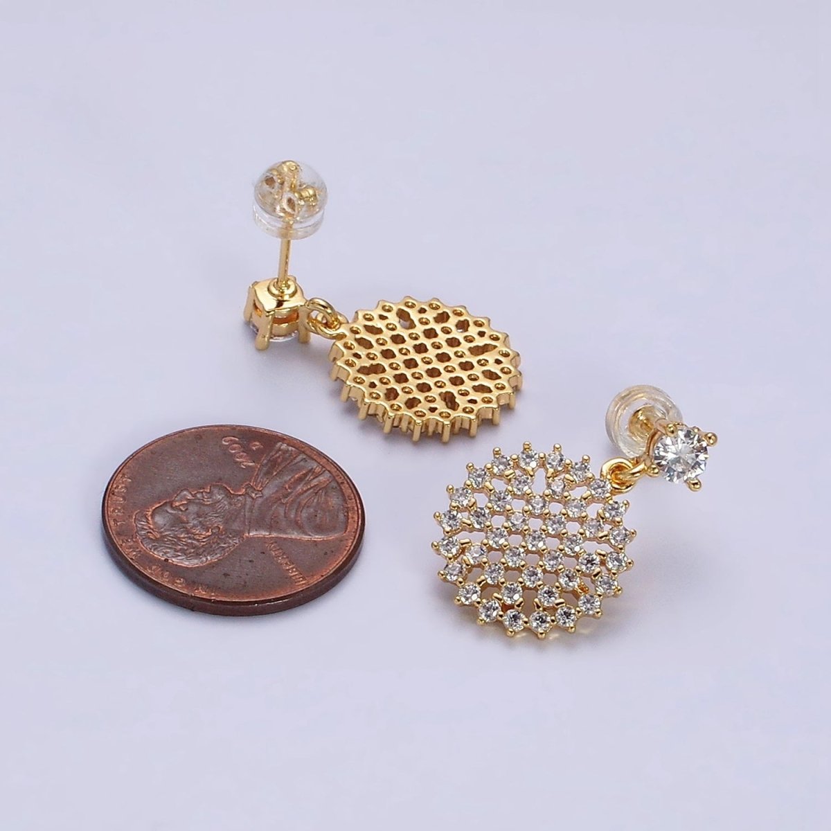 16K Gold plated Clear Micro Paved CZ Round Drop Stud Earrings | Y-873 - DLUXCA