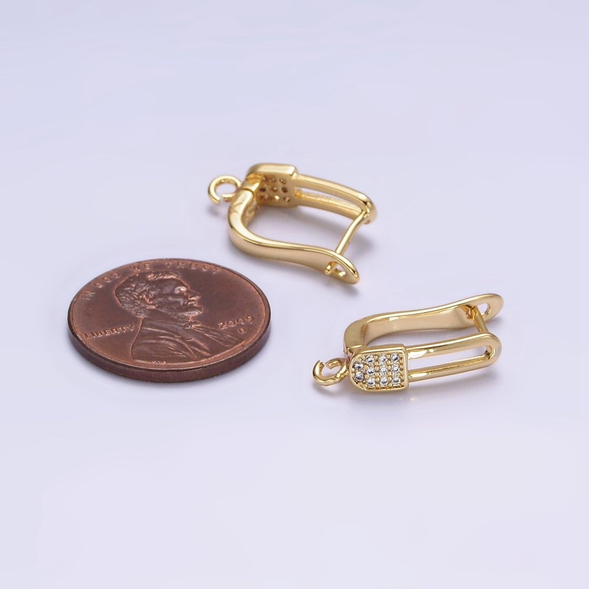 16K Gold plated Clear Micro Paved CZ Safety Pin Oblong Open Loop English Lock Earrings | Z-467 - DLUXCA
