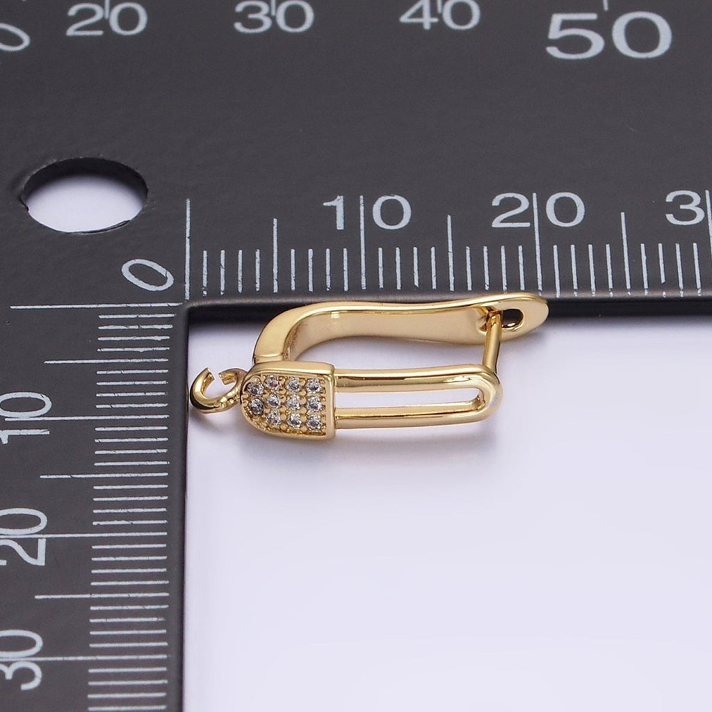 16K Gold plated Clear Micro Paved CZ Safety Pin Oblong Open Loop English Lock Earrings | Z-467 - DLUXCA