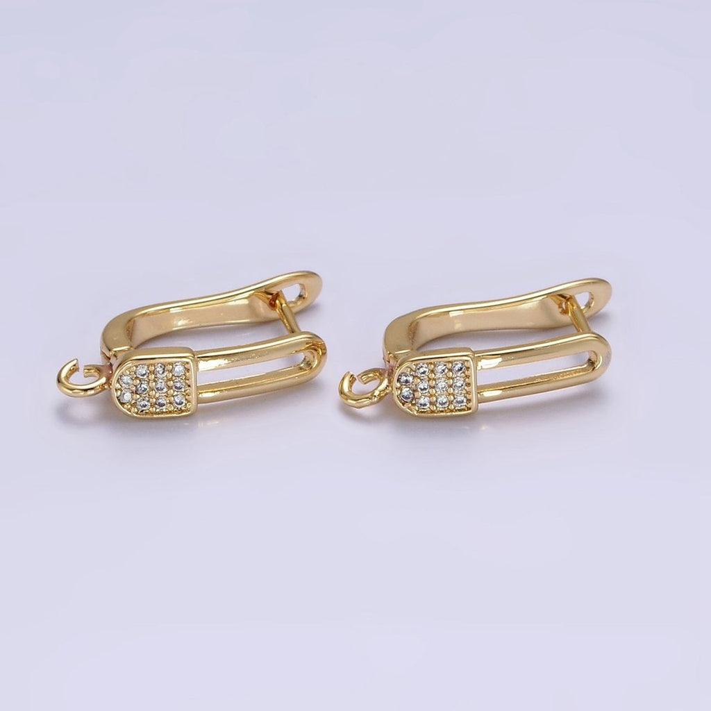 16K Gold plated Clear Micro Paved CZ Safety Pin Oblong Open Loop English Lock Earrings | Z-467 - DLUXCA