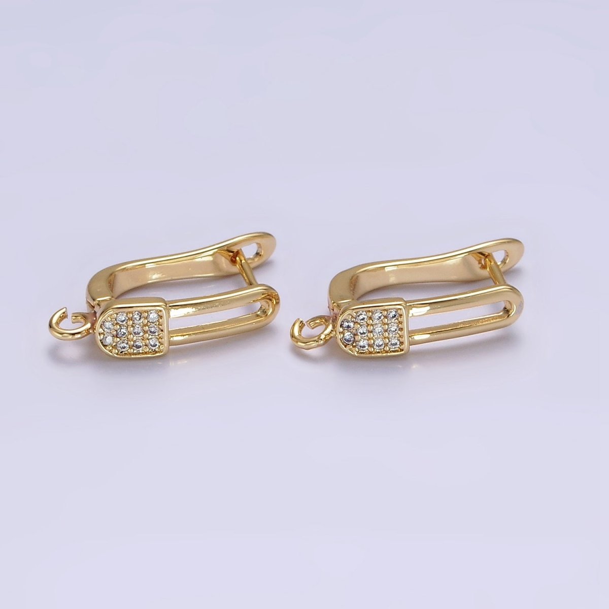 16K Gold plated Clear Micro Paved CZ Safety Pin Oblong Open Loop English Lock Earrings | Z-467 - DLUXCA