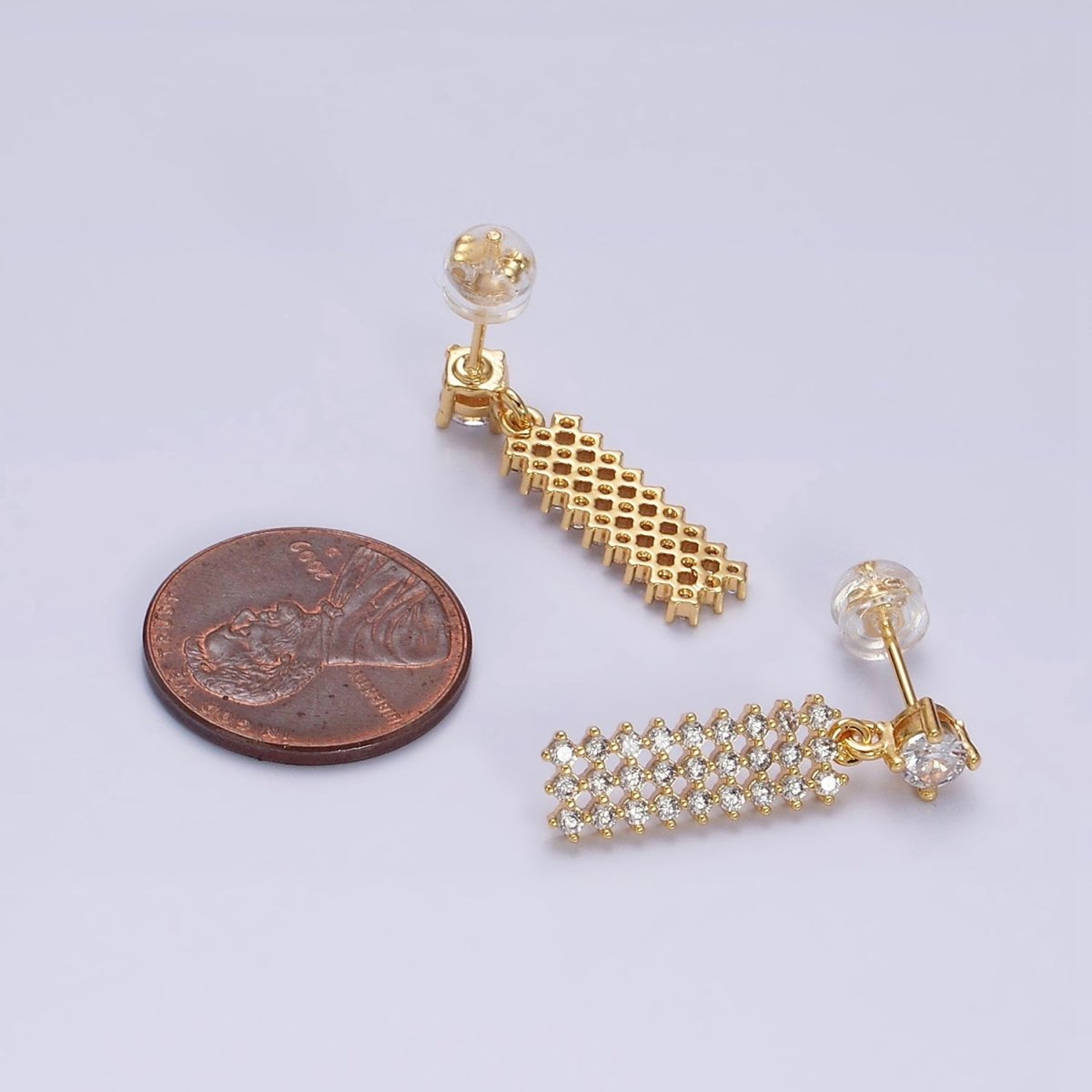 16K Gold plated Clear Micro Paved CZ Tag Drop Stud Earrings | Y-874 - DLUXCA