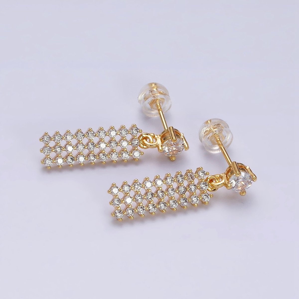16K Gold plated Clear Micro Paved CZ Tag Drop Stud Earrings | Y-874 - DLUXCA