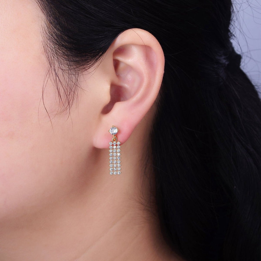 16K Gold plated Clear Micro Paved CZ Tag Drop Stud Earrings | Y-874 - DLUXCA