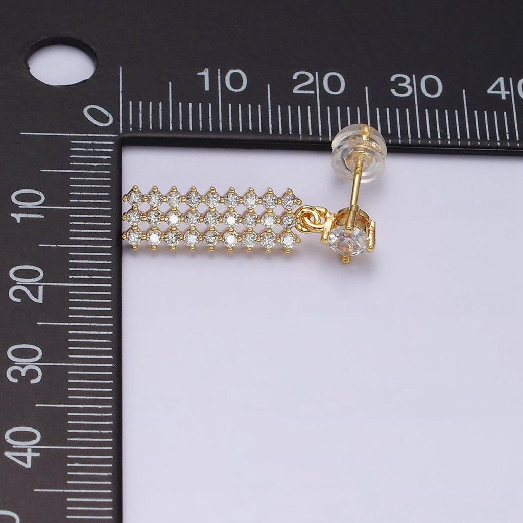 16K Gold plated Clear Micro Paved CZ Tag Drop Stud Earrings | Y-874 - DLUXCA