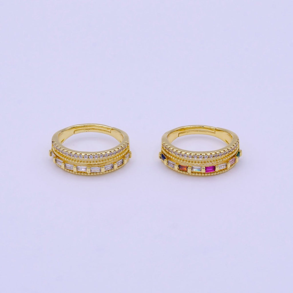 16K Gold plated Clear, Multicolor Baguette Beaded Micro Paved CZ Adjustable Ring | O-1567 O-1568