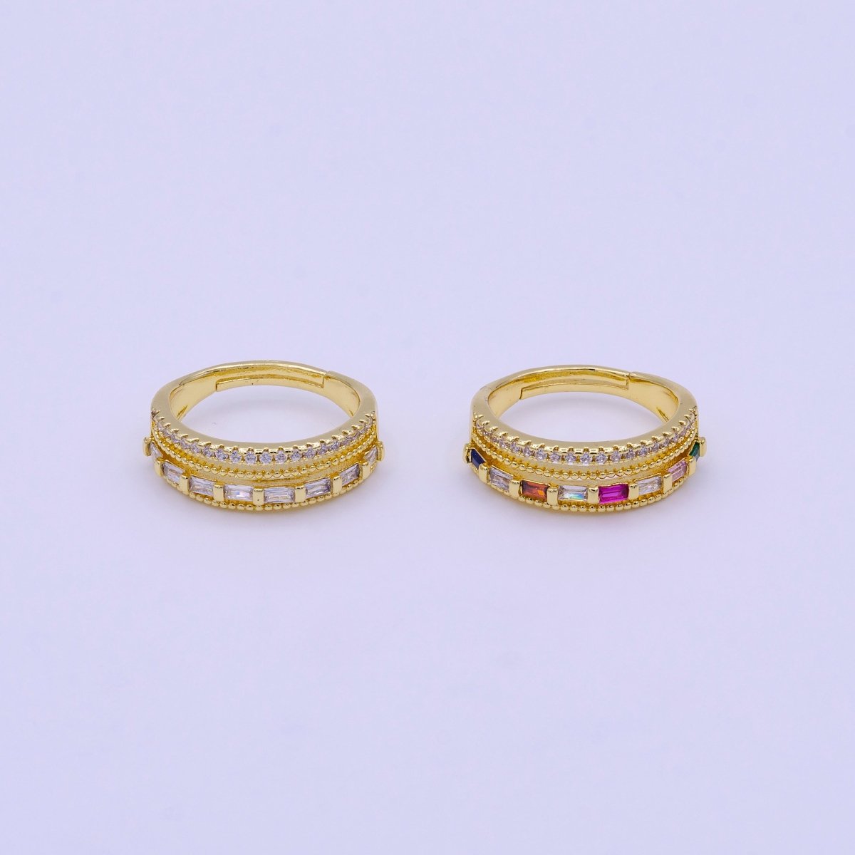16K Gold plated Clear, Multicolor Baguette Beaded Micro Paved CZ Adjustable Ring | O-1567 O-1568