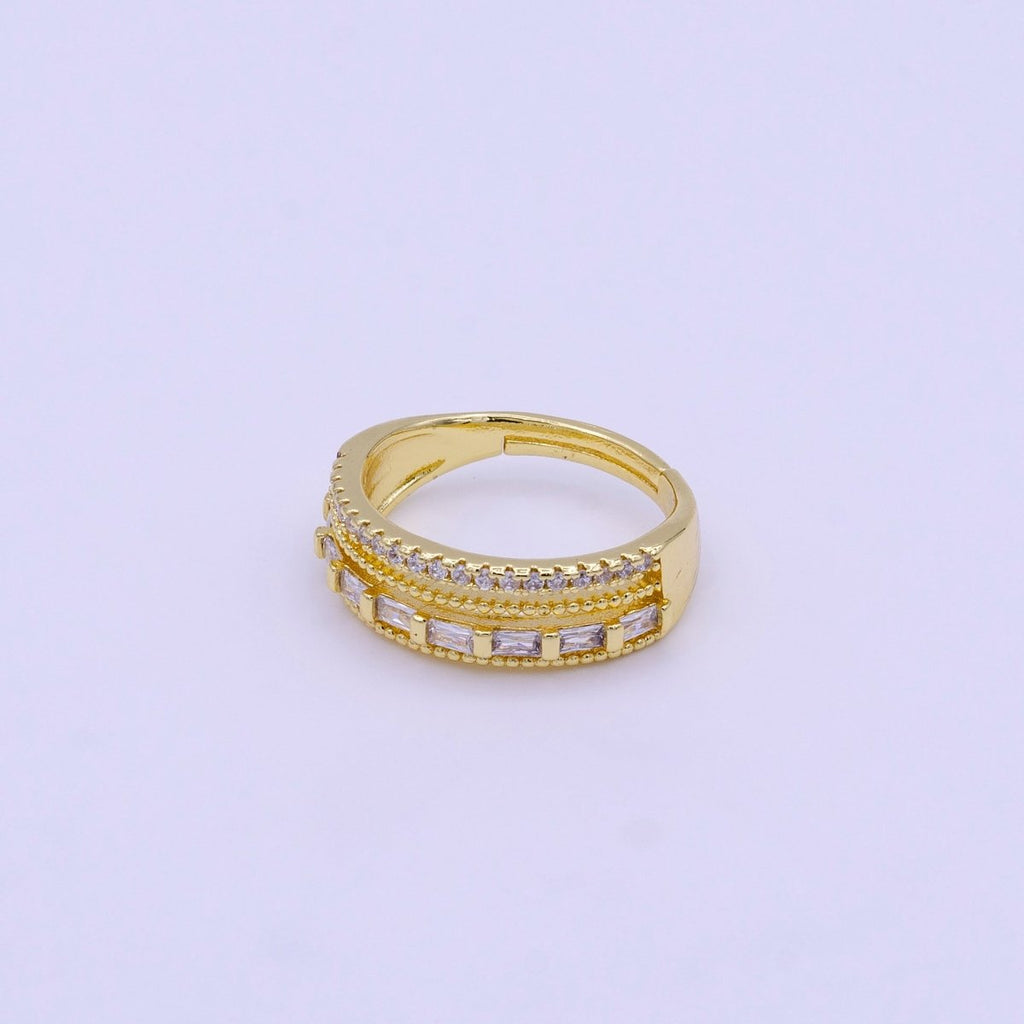 16K Gold plated Clear, Multicolor Baguette Beaded Micro Paved CZ Adjustable Ring | O-1567 O-1568