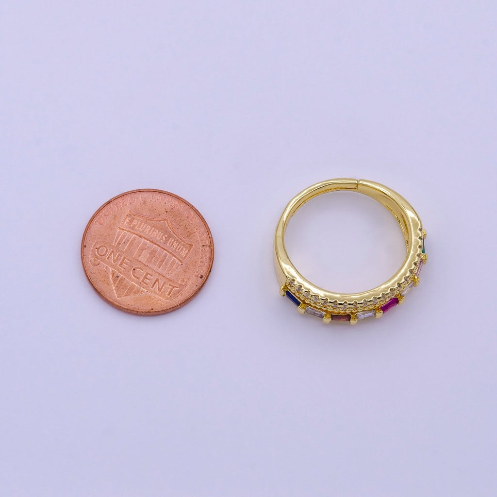 16K Gold plated Clear, Multicolor Baguette Beaded Micro Paved CZ Adjustable Ring | O-1567 O-1568
