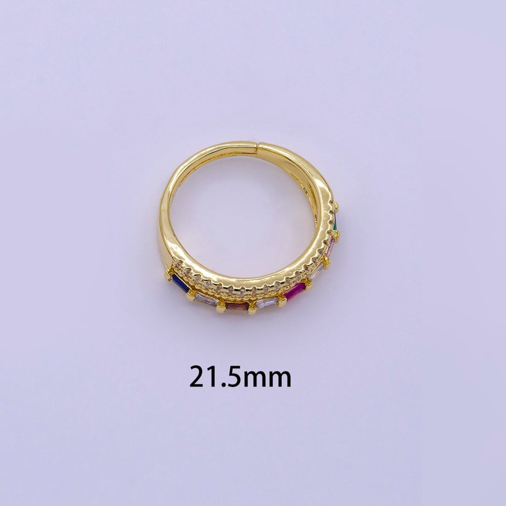 16K Gold plated Clear, Multicolor Baguette Beaded Micro Paved CZ Adjustable Ring | O-1567 O-1568