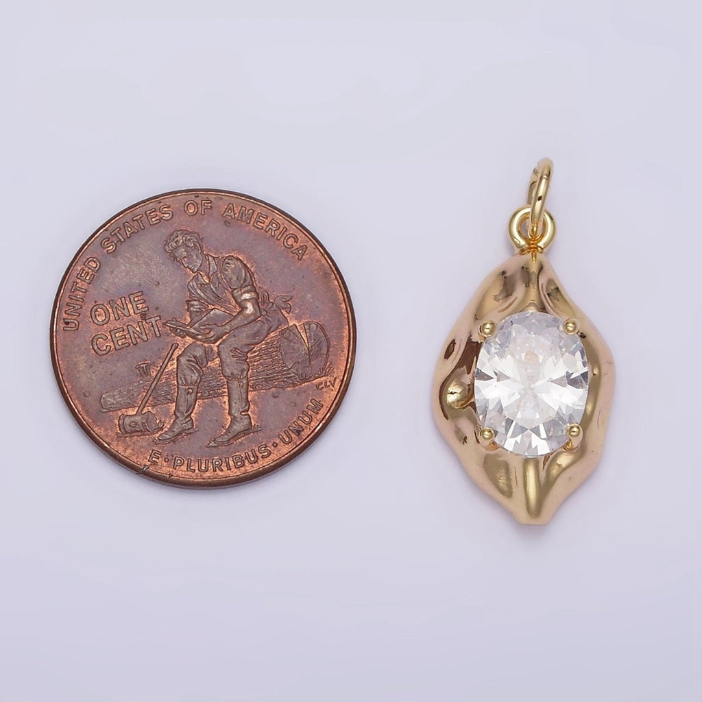 16K Gold plated Clear Oval CZ Hammered Molten Charm | N940 - DLUXCA