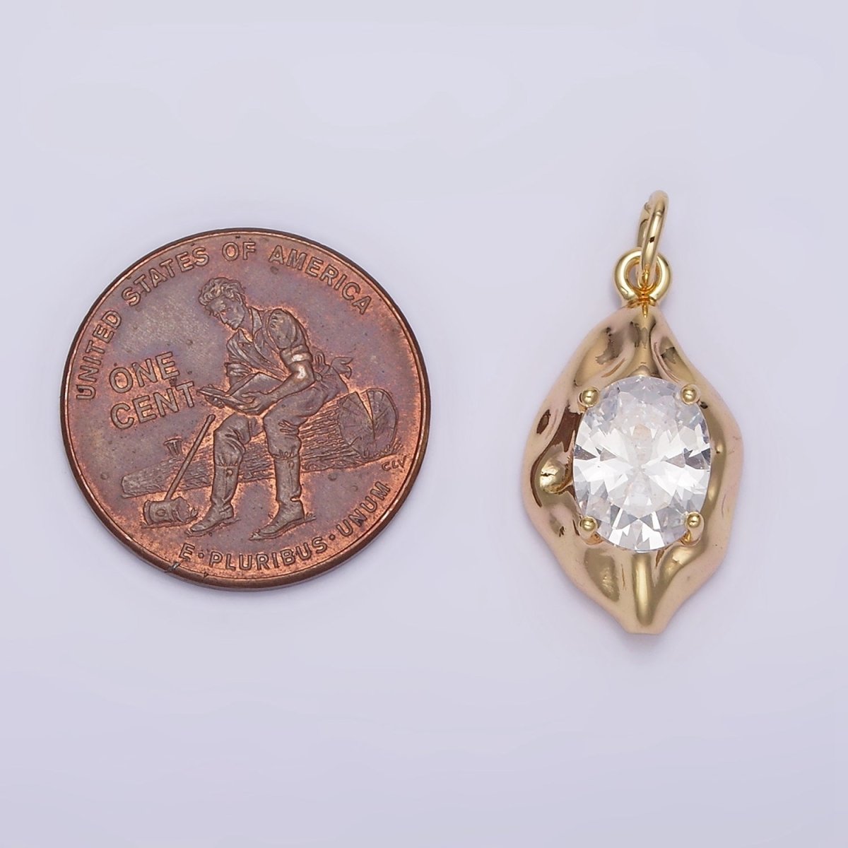 16K Gold plated Clear Oval CZ Hammered Molten Charm | N940 - DLUXCA