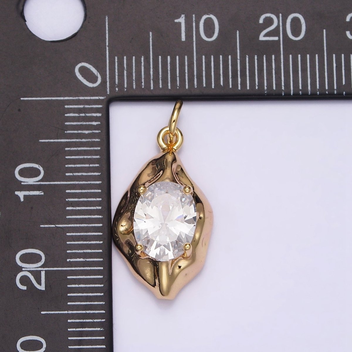16K Gold plated Clear Oval CZ Hammered Molten Charm | N940 - DLUXCA