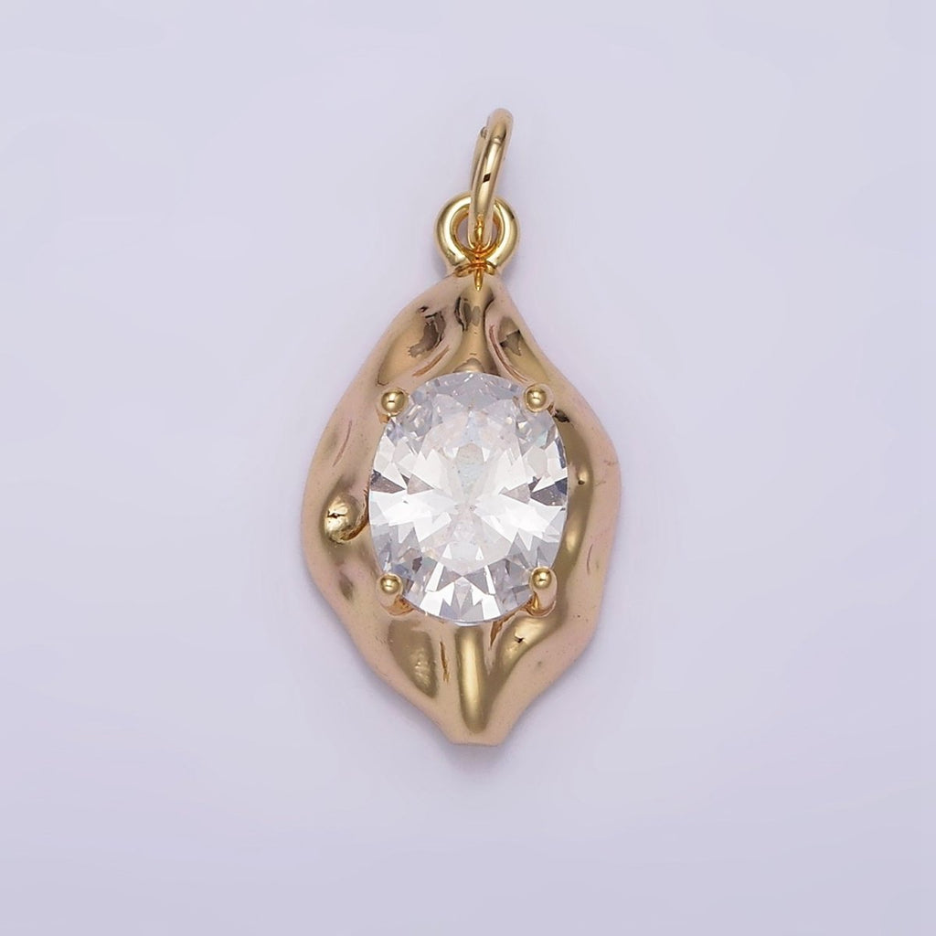 16K Gold plated Clear Oval CZ Hammered Molten Charm | N940 - DLUXCA