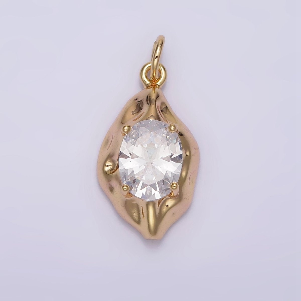 16K Gold plated Clear Oval CZ Hammered Molten Charm | N940 - DLUXCA