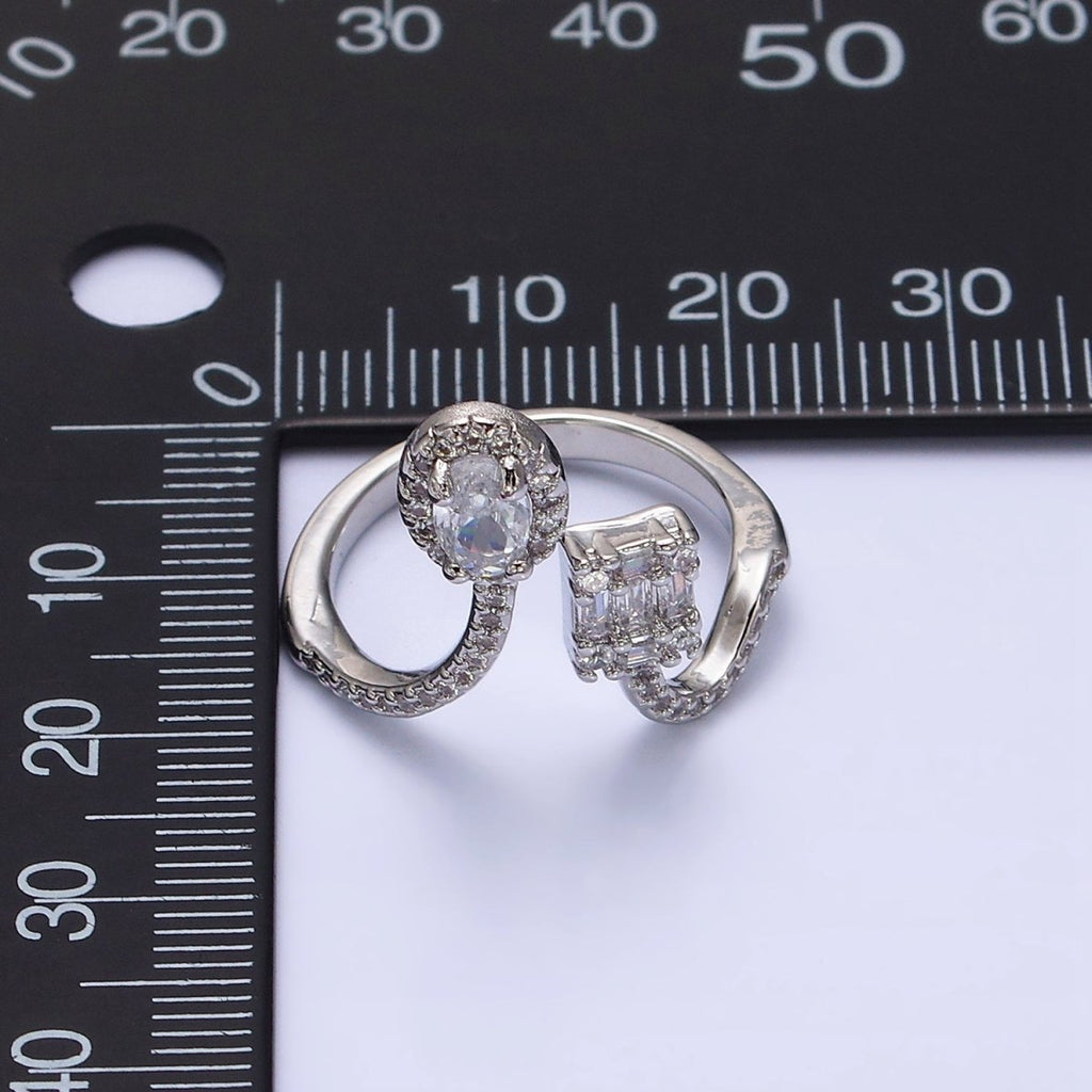 16K Gold plated Clear Oval Square Baguette Micro Paved CZ Open Ring in Gold & Silver | O-554 O-555