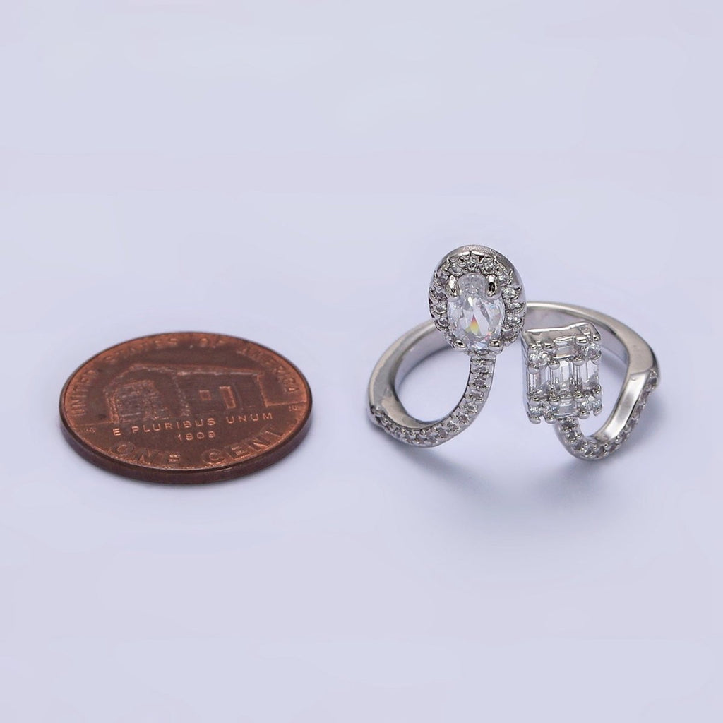 16K Gold plated Clear Oval Square Baguette Micro Paved CZ Open Ring in Gold & Silver | O-554 O-555