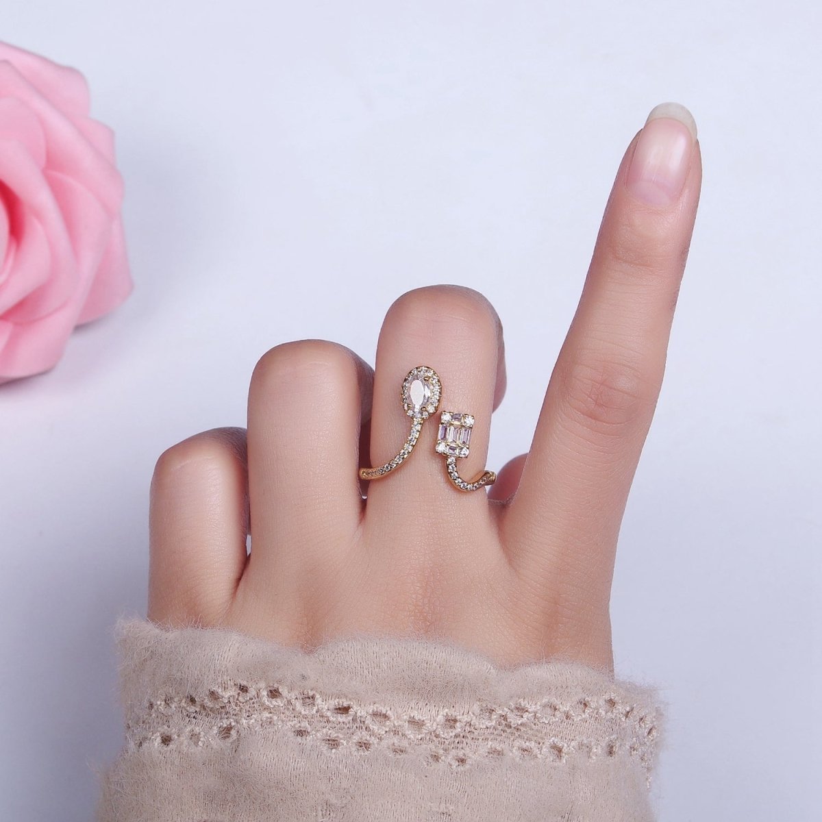 16K Gold plated Clear Oval Square Baguette Micro Paved CZ Open Ring in Gold & Silver | O-554 O-555