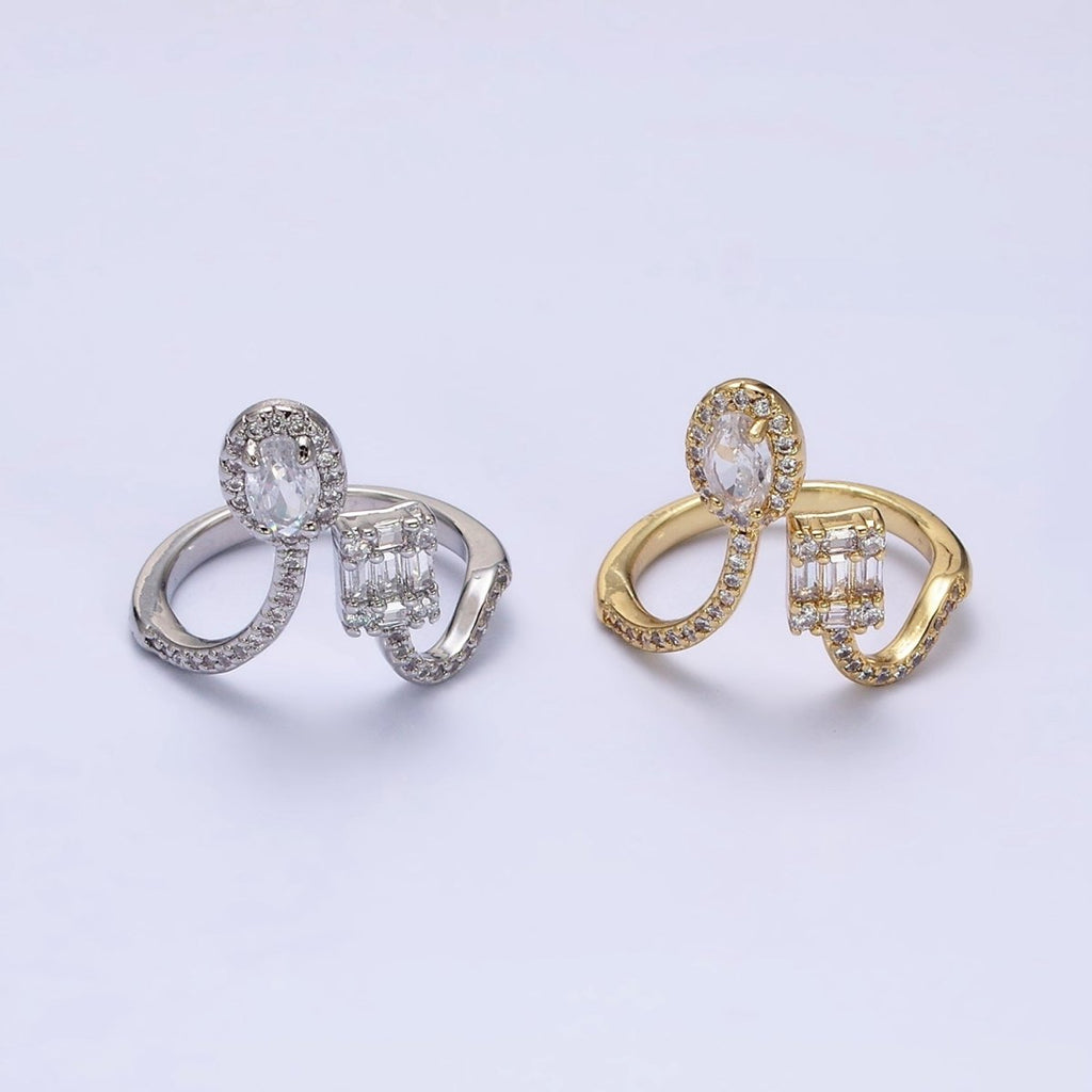 16K Gold plated Clear Oval Square Baguette Micro Paved CZ Open Ring in Gold & Silver | O-554 O-555