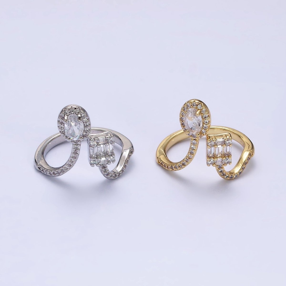 16K Gold plated Clear Oval Square Baguette Micro Paved CZ Open Ring in Gold & Silver | O-554 O-555