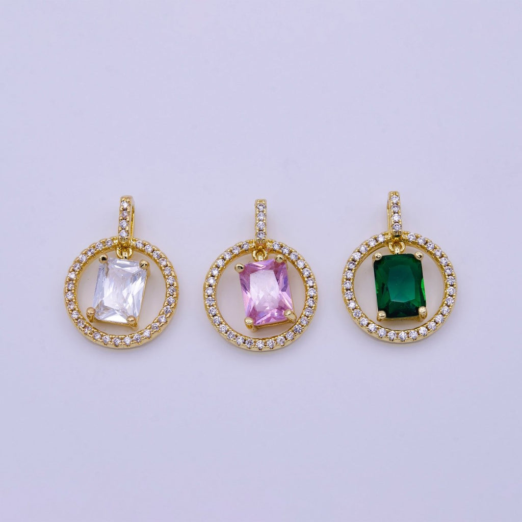 16K Gold plated Clear, Pink, Green Baguette Dangle Open Round Micro Paved Pendant | AA420 - AA422