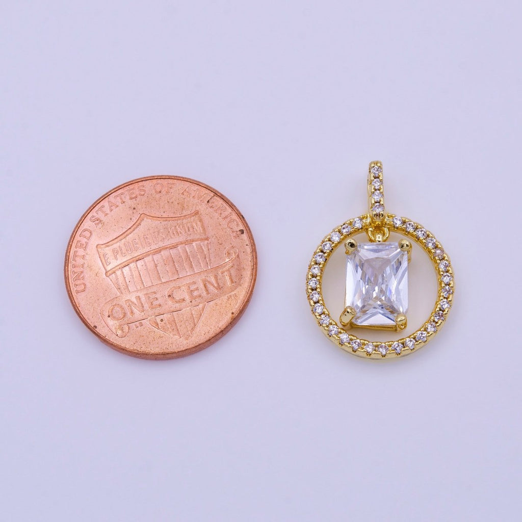 16K Gold plated Clear, Pink, Green Baguette Dangle Open Round Micro Paved Pendant | AA420 - AA422