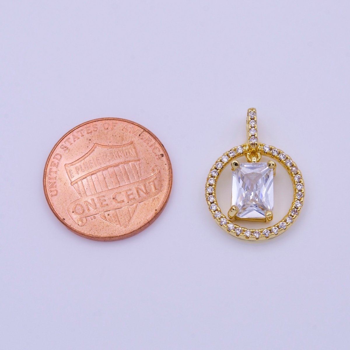 16K Gold plated Clear, Pink, Green Baguette Dangle Open Round Micro Paved Pendant | AA420 - AA422