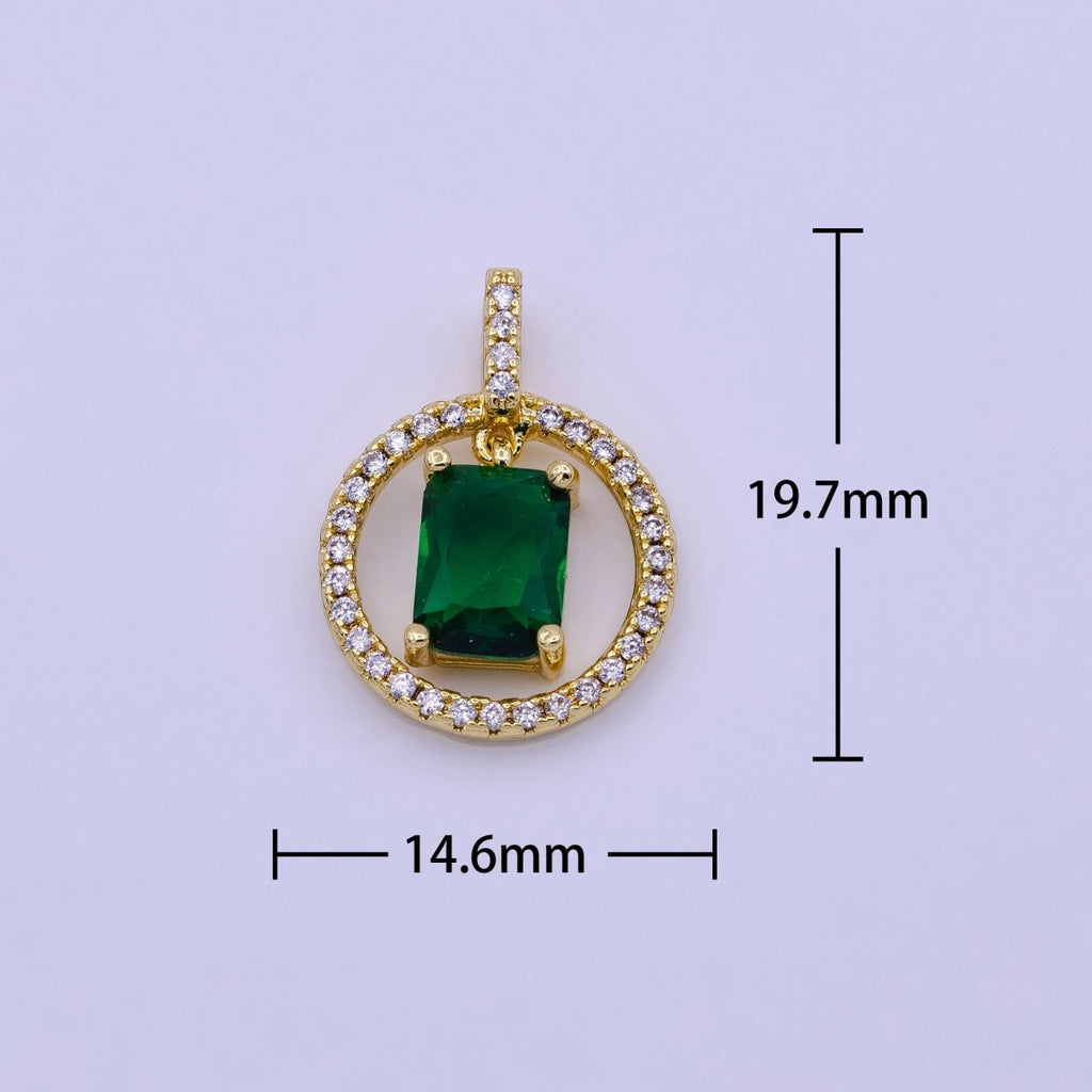 16K Gold plated Clear, Pink, Green Baguette Dangle Open Round Micro Paved Pendant | AA420 - AA422