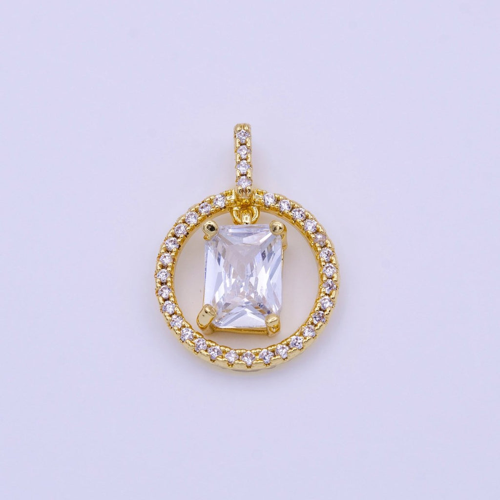 16K Gold plated Clear, Pink, Green Baguette Dangle Open Round Micro Paved Pendant | AA420 - AA422