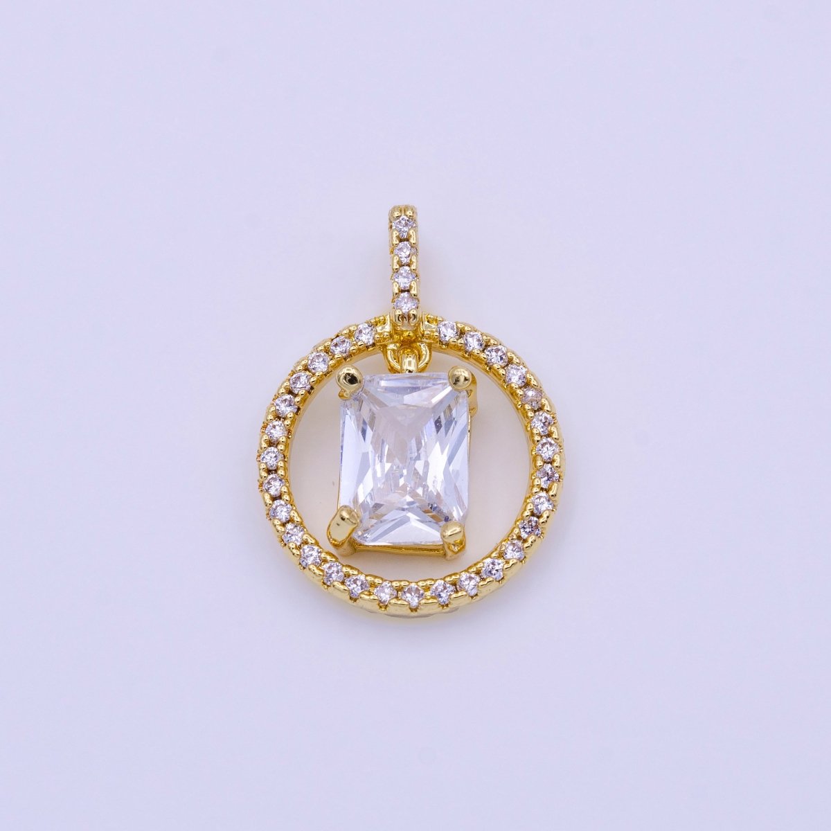16K Gold plated Clear, Pink, Green Baguette Dangle Open Round Micro Paved Pendant | AA420 - AA422