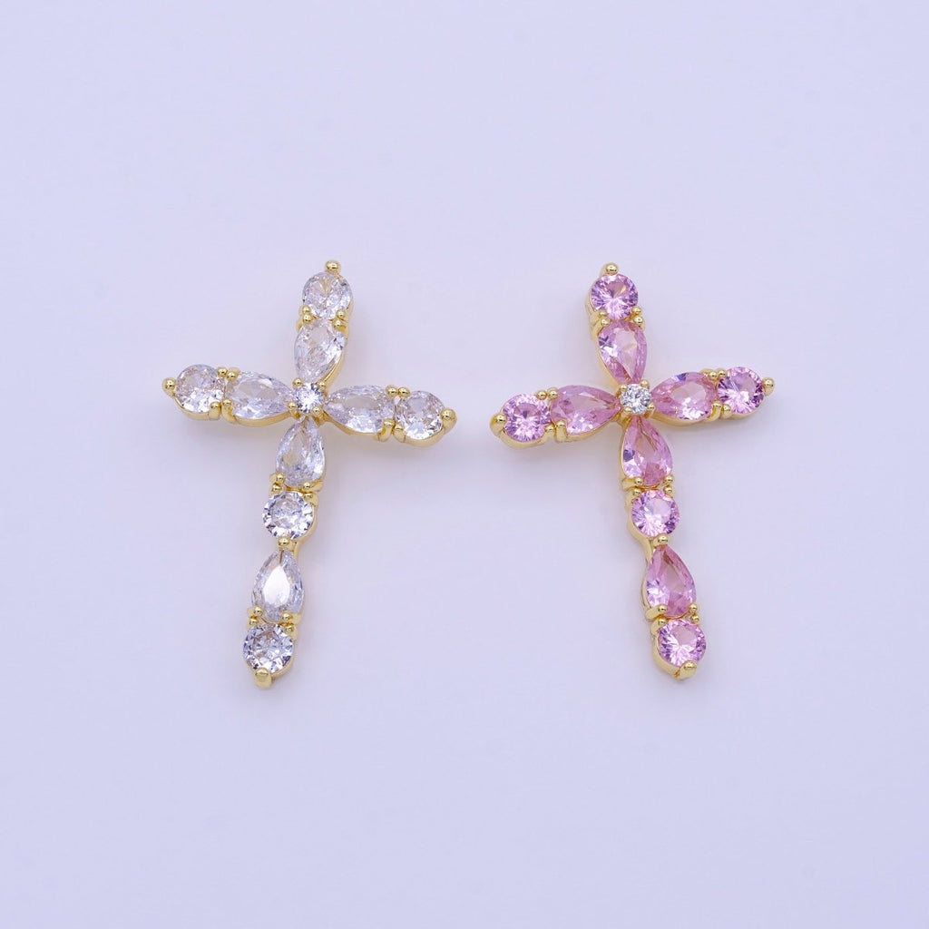 16K Gold plated Clear, Pink Round Teardrop CZ Lined Religious Cross Pendant | AA423 AA424