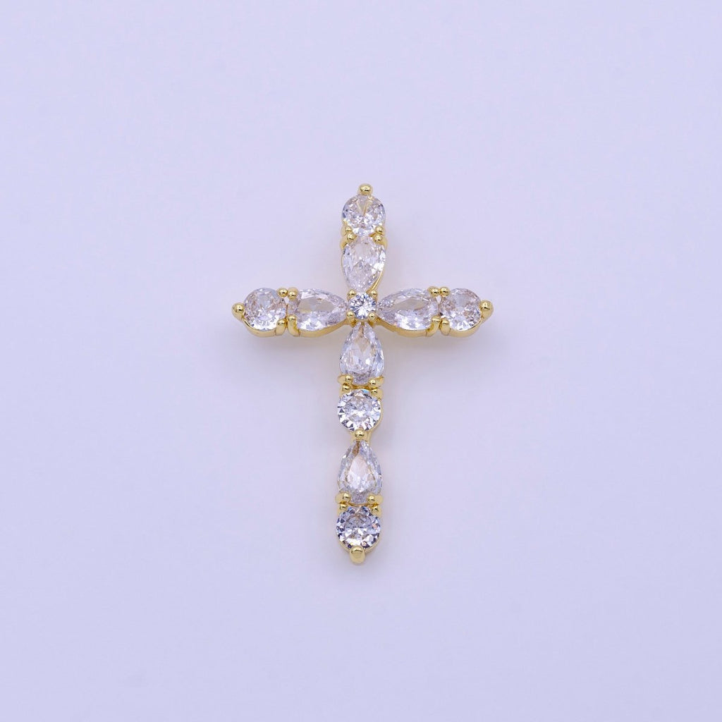 16K Gold plated Clear, Pink Round Teardrop CZ Lined Religious Cross Pendant | AA423 AA424