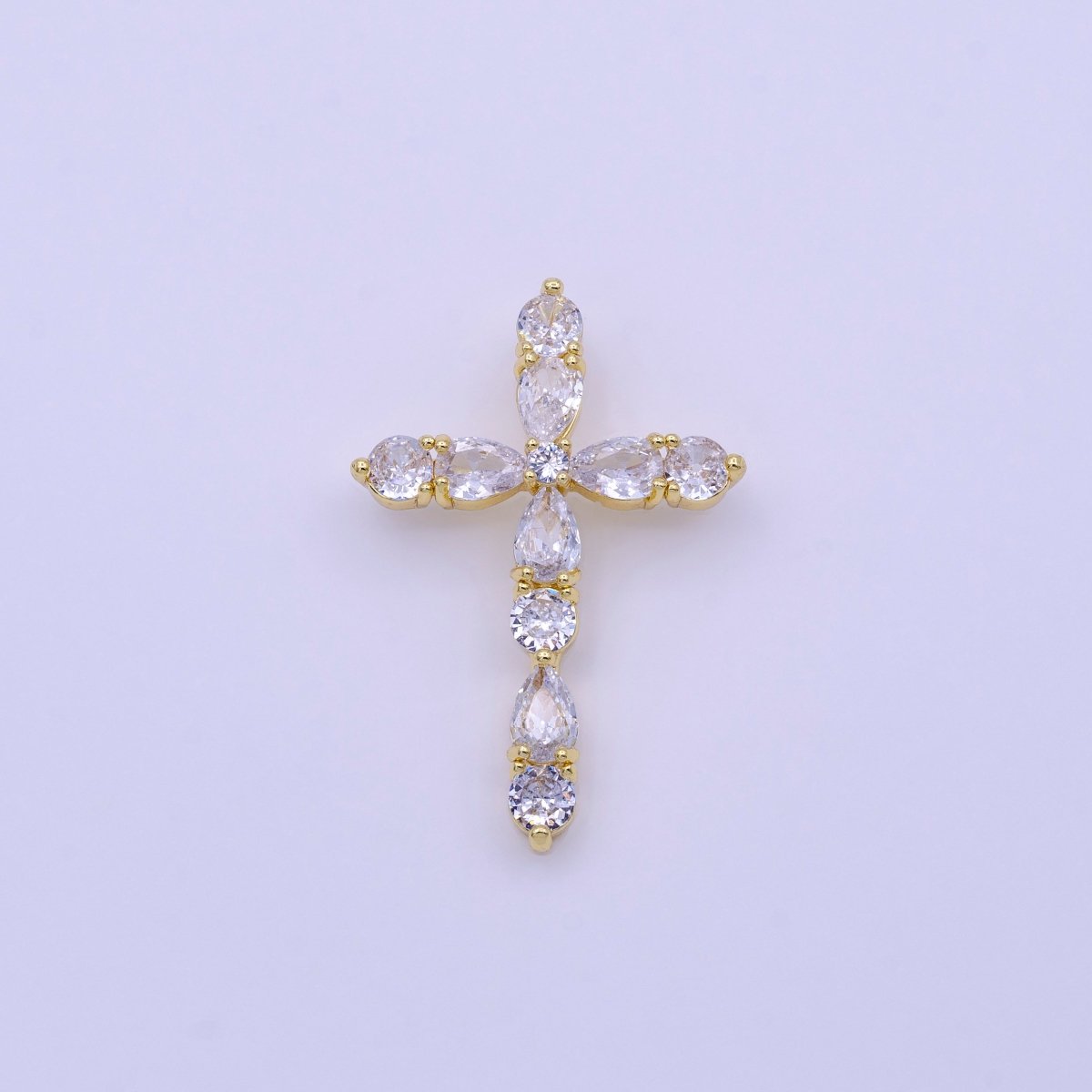 16K Gold plated Clear, Pink Round Teardrop CZ Lined Religious Cross Pendant | AA423 AA424