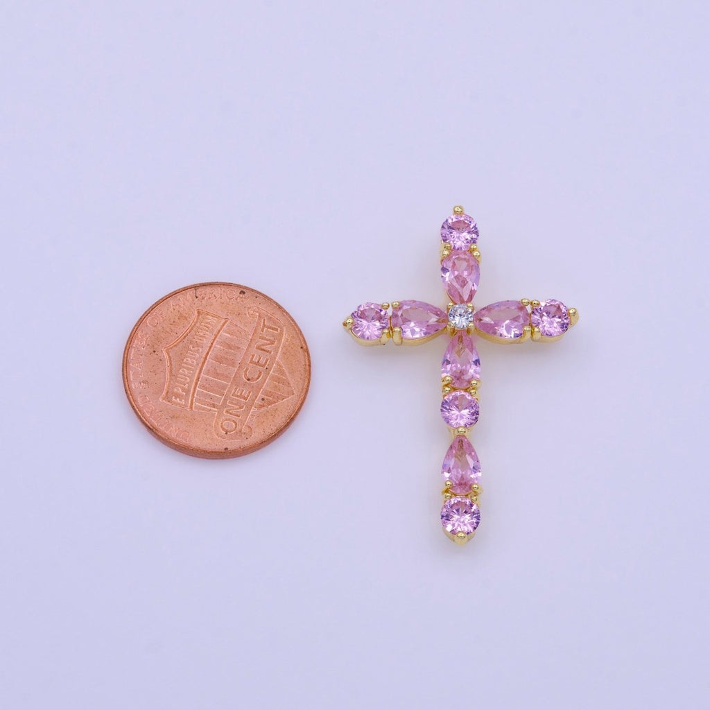 16K Gold plated Clear, Pink Round Teardrop CZ Lined Religious Cross Pendant | AA423 AA424