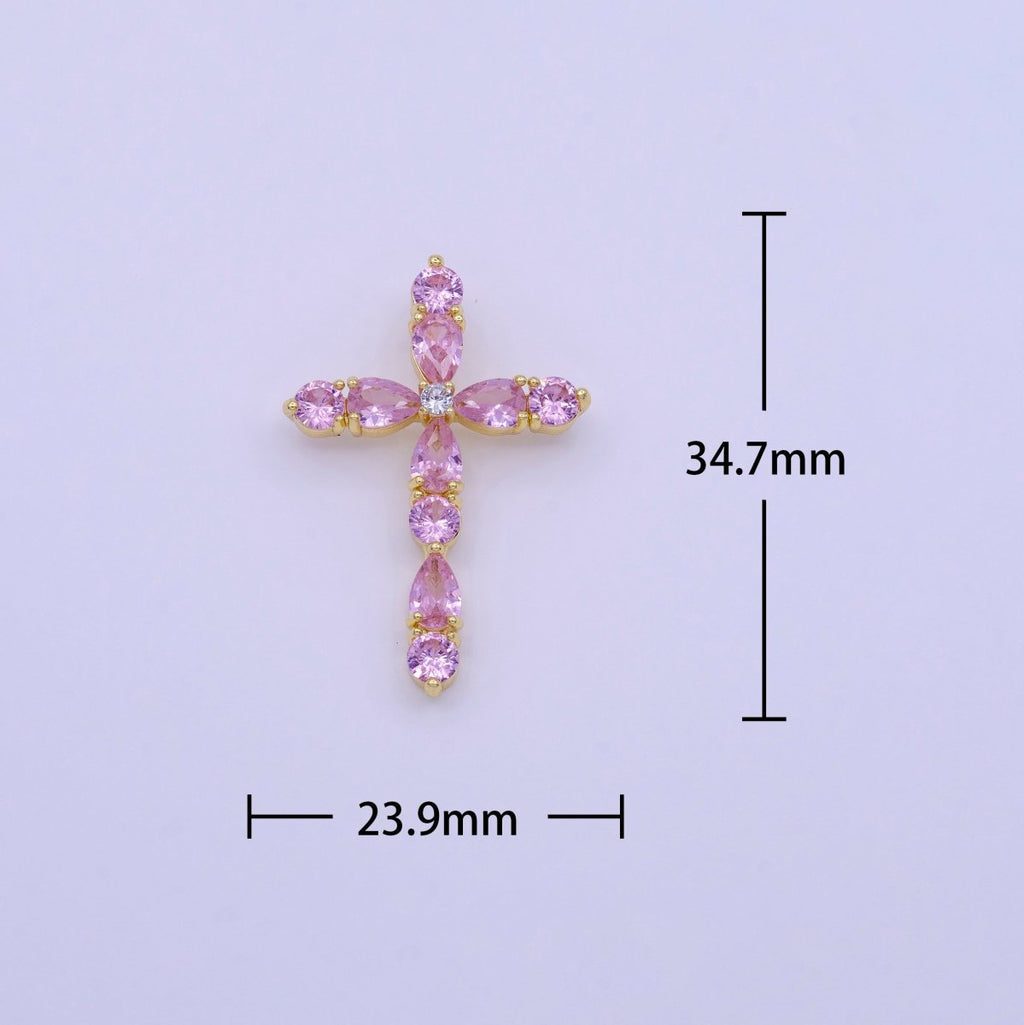 16K Gold plated Clear, Pink Round Teardrop CZ Lined Religious Cross Pendant | AA423 AA424